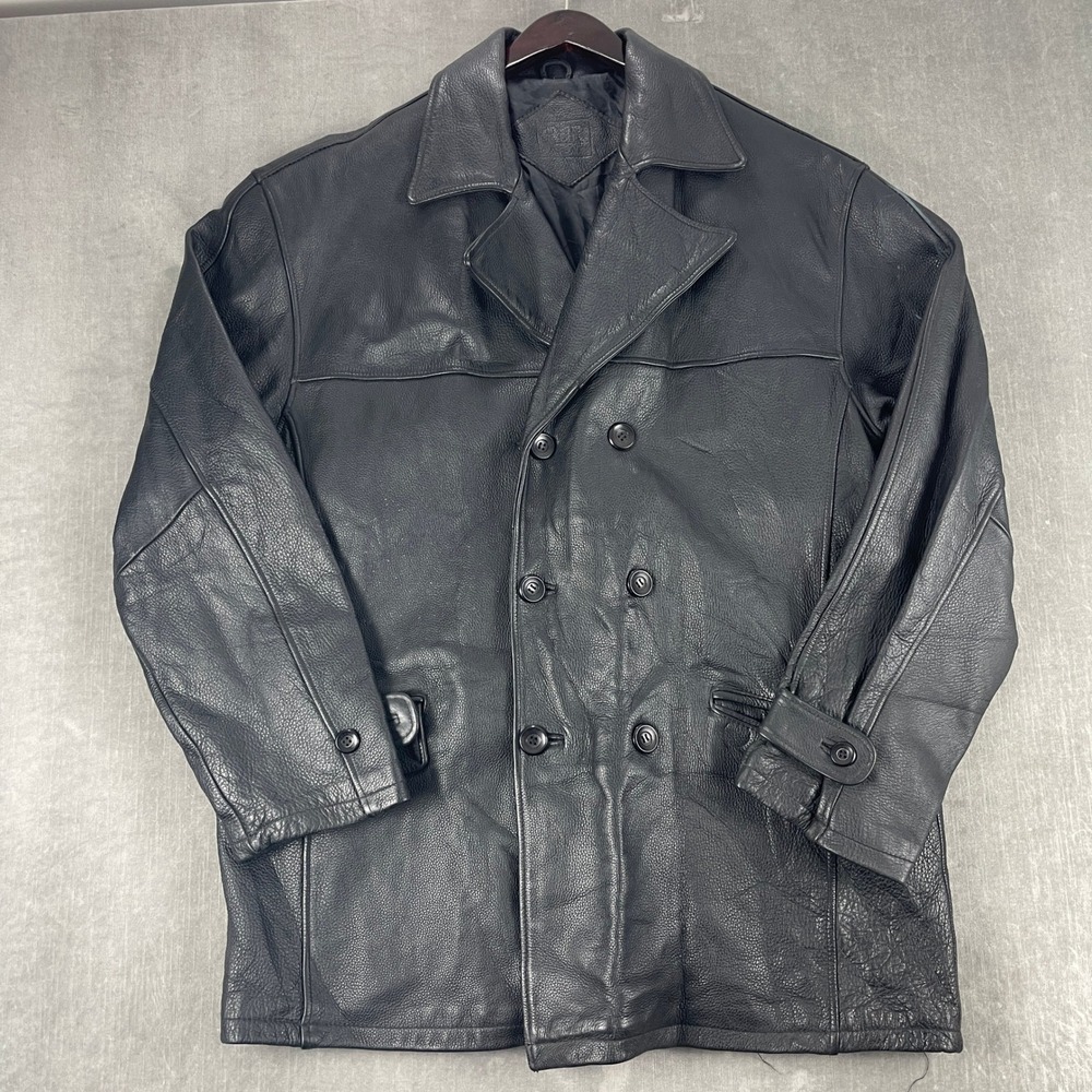R&R Mens Large Black Leather Jacket Double Breasted Pea Coat SKU 6262
